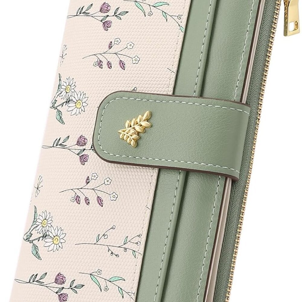 Women's Slim RFID Leather Wallet Bifold with Zipper Pocket Floral Vegan
